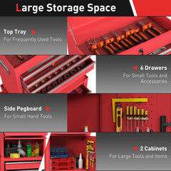 Large Tool Cabinet, 3-in-1 Rolling Tool Chest, Detachable Tool Storage Organizer with 6 Drawers and Pegboard, Black