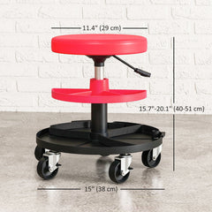 Rolling Garage Stool, 300 LBS Capacity Mechanic Stool with 2.5" Wheels, Tool Trays Storage, Adjustable Height, Red