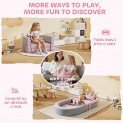 3-in-1 Convertible Climbing Toys for Toddlers with Crown Cushion, Fold Out Toddler Couch to Lounger & Play Area, Pink