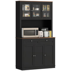 71" Pantry Cabinet with Microwave Space, Buffet with Hutch, 2 Drawers, Adjustable Shelves and Glass Doors, Blue