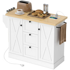 Farmhouse Kitchen Island Cart with Power Outlet and Soft-Close Doors, 49" Kitchen Island with 3 Drawers, Black