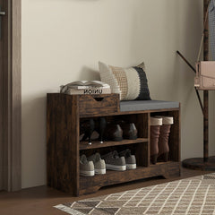 Upholstered Shoe Storage Bench, Hallway Shoe Storage with Seat, Drawer, 3 Open Shelves for Entryway, Grey