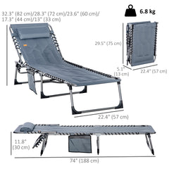 Outdoor Lounge Chair, Folding Chaise Lounge, Patio Padded Tanning Chair with 5-position Adjustable Backrest, Pillow and Pocket for Deck, Beach, Lawn and Sunbathing, Beige
