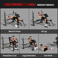 Weight Bench Stand with Squat Rack, Adjustable Olympic Bench, Multifunctional Arm Curl Pad, Leg Extension, Grey