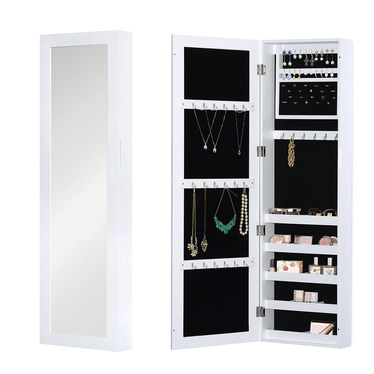 Mirror Jewellery Cabinet Armoire with Full Length Mirror, Wall Mounted Jewellery Organizer, White