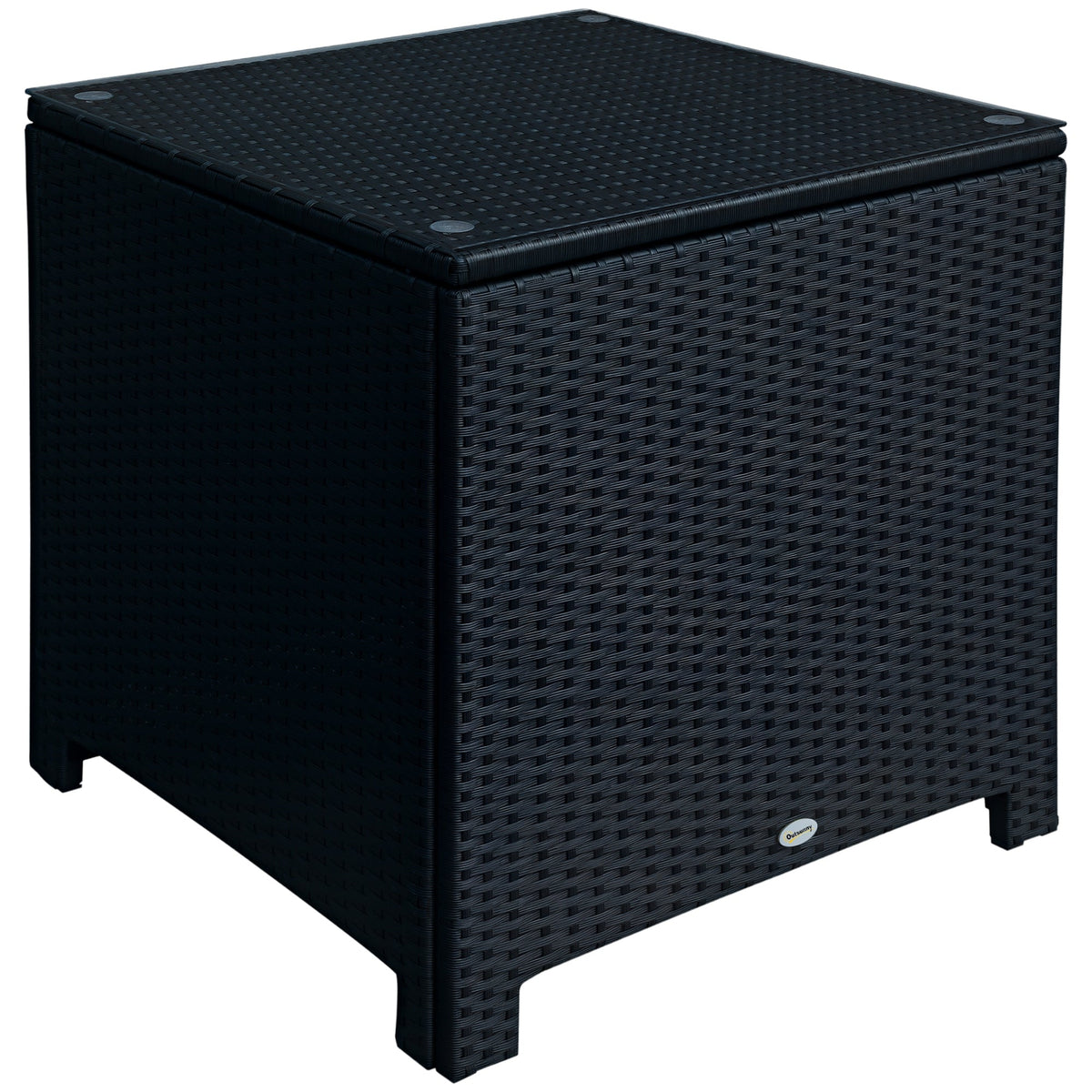 Rattan Side Table Wicker Coffee Table with Glass Top Outdoor Patio Furniture For Patio Poolside Garden Lawn, Black