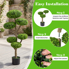 Indoor Outdoor 6 Balls Topiary Tree with Realistic Trunk and Weighted Cement-Filled Base