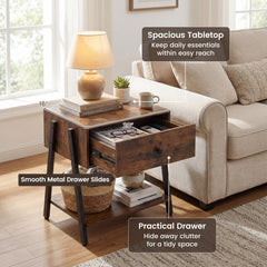 Industrial Nightstand with Drawer and Adjustable Foot Pads for Bedroom-Rustic Brown