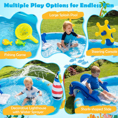 Marine Life Inflatable Play Centre with Shark Slide, Lighthouse Sprayer and Fishing Game