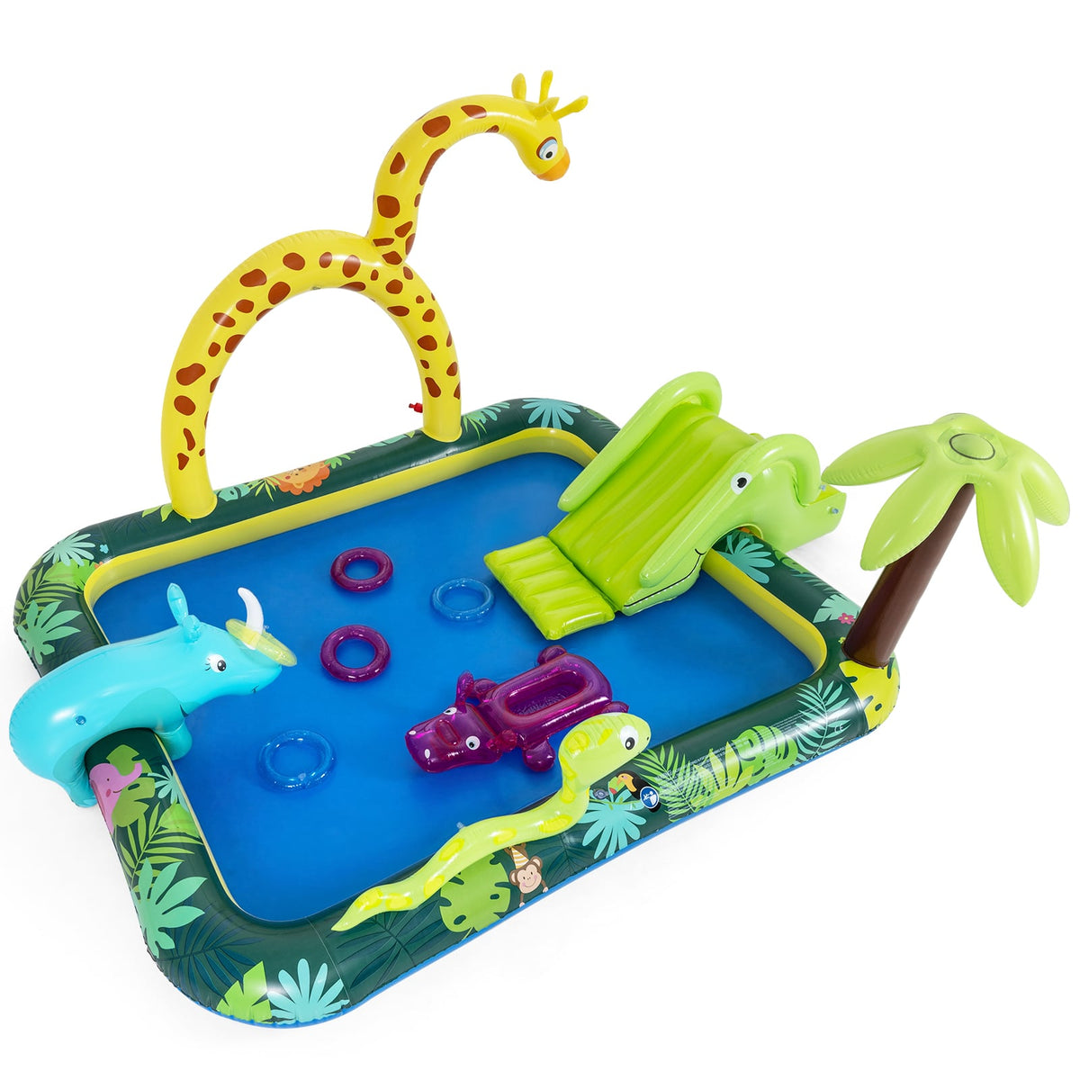 Jungle Animal Inflatable Play Centre with Slide, Giraffe Sprinkler and Ring Toss