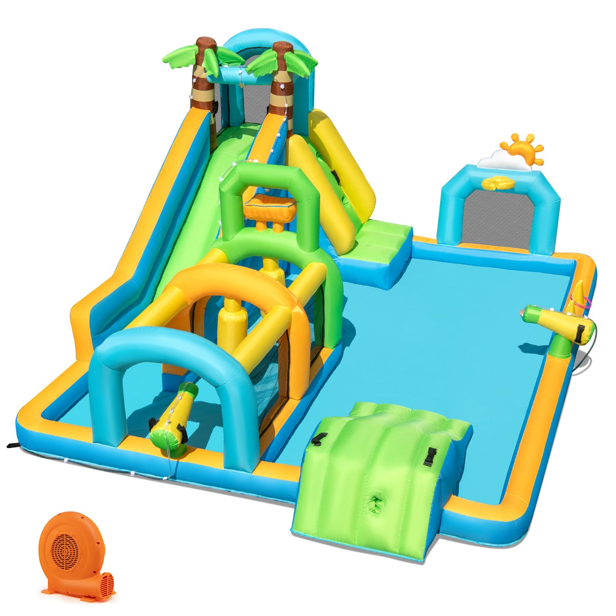 Tropical Inflatable Aqua Park with 330 lb Capacity and 750W Blower, Ages 3 to 12