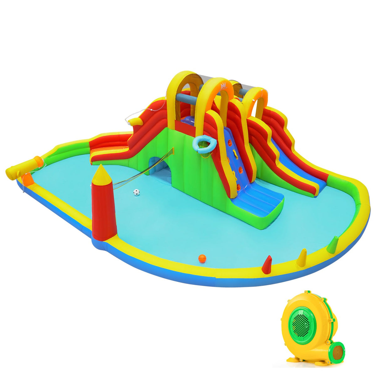Giant Inflatable Water Park with Two Long Slides, Tunnel and 750W Air Blower