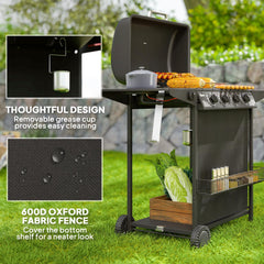 4+1 Burner Propane Gas BBQ Grill, Portable Gas Barbecue Grill with Side Burner, Thermometer, Lid, Side Table, Shelf, Spice Rack, Wheels, Grease Cup for Garden, Black