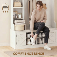 Hall Tree with Bench and Shoe Storage, Entryway Bench with Coat Rack, 12 Shelves, 2 Cabinets, 5 Hooks, White Wood Grain