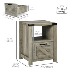 Side Table with Storage, Farmhouse End Table with Drawer, Open Shelf and Barn-style Panel, Nightstand for Living Room, Bedroom, Oak
