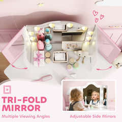 Kids Vanity Table and Chair Set with Lights, Makeup Dressing Table with Tri-Fold Mirror for Ages 3-8 Years, White