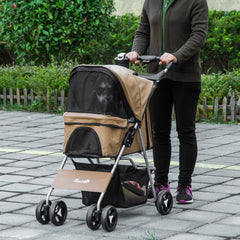 Cat Dog Stroller, One-click Foldable Pet Stroller w/Cup Holder, 4 Wheels Travel Carrier w/Brakes, 360° Swiveling Front Wheels, Storage Basket, for XS/Small Dogs Cats, Black