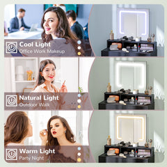 Makeup Vanity Desk with Mirror and LED Lights, for Bedroom, Modern Dressing Table with Drawers, Compartments, Black