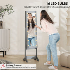 Free Standing Armoire Organizer, Lighted Mirrored Jewelry Cabinet w/ Angle Adjustable & 16 LED Lights Warm White