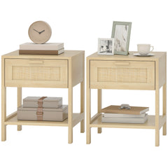 Narrow Nightstand with Rattan Elements, Bedside Table with Drawer and Storage Shelf for Bedroom, Natural