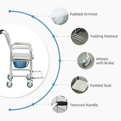 3-in-1 Shower Commode Wheelchair, Transport Beside Commode Chair with Padded Seat for the Elderly, Disabled