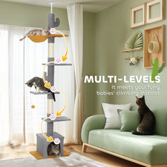 Floor to Ceiling Cat TreeTower with 90.5"-108" Adjustable Height, Scratching Posts, Hammock, Condo, Toy Ball, Dark Grey