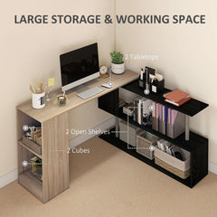 55" Corner Computer Desk, 360° Rotating L-Shaped Desk, Home Office Workstation with 3-Tier Shelves, Bookshelf, Black