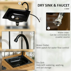 Outdoor Potting Bench Table with Faucet, Removable Sink, Hooks and Storage Shelves, Wood Work Bench Workstation, Grey