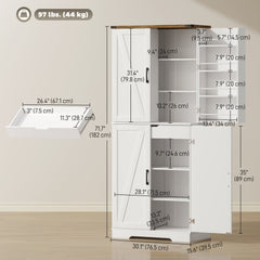 72" Kitchen Pantry Cabinet, Farmhouse Storage Cabinet with 4 Doors, Drawer, 8 Door Shelves and Adjustable Shelf, Black