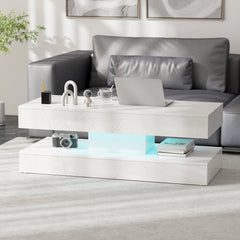 Coffee Table with Adjustable LED Lights, Modern Living Room Table with 2 Drawers, Open Shelf, Remote, High Gloss White