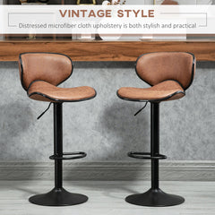 Vintage Set of 2 Microfiber Cloth Adjustable Bar Height Stools with Swivel Seat, Brown