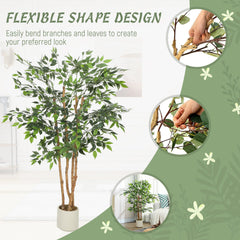 4FT Artificial Banyan Tree Set of 2, Fake Potted Tree with Solid Wood Trunk and Pot for Indoor