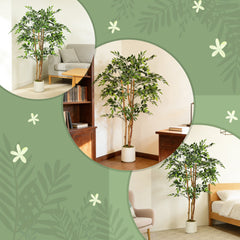 4FT Artificial Banyan Tree Set of 2, Fake Potted Tree with Solid Wood Trunk and Pot for Indoor