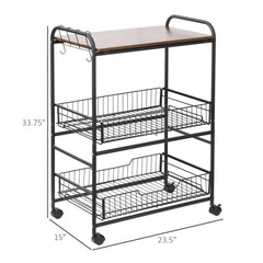 Rolling Kitchen Cart, 3-Tier Utility Storage Cart with 2 Basket Drawers & Side Hooks, Lockable Casters for Dining Room