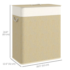Double Laundry Basket with Lid, 100L Bamboo Laundry Hamper with Rope Handles and Removable Bags, Brown