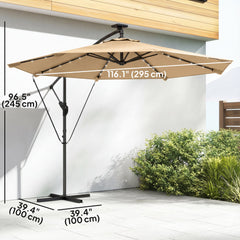 9.7ft Solar LED Cantilever Patio Umbrella with 32 LED Lights, Cross Base, Crank Handle, for Poolside, Deck, Dark Blue