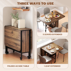 Folding Dining Table, Extendable Kitchen Table for Small Spaces with Storage Shelf and 6 Wheels, Distressed Grey