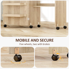 Sewing Machine Cabinet, Folding Sewing Table with Storage Shelf, Bins and Lockable Wheels for Small Space, Brown
