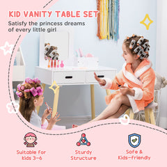 Kids Vanity Set with Mirror and Stool, Makeup Dressing Table with Drawers for Children Aged 3-6 Years, White