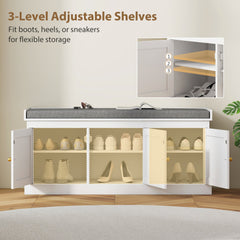 Shoe Storage Bench with Woven Rattan Doors, Shoe Bench with Cushion, Adjustable Shelves, Entryway Bench, White