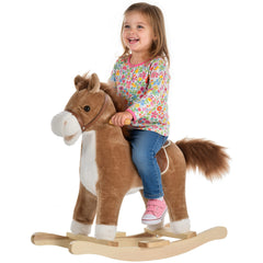 Kids Rocking Horse Plush Animal on Wooden Rockers with Sounds, Wooden Base, Baby Rocking Chair, Brown