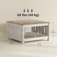 31.5" Square Coffee Table, Farmhouse 2-Tier Center Table for Living Room, Distressed Oak and Brown