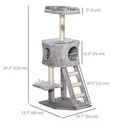 47" Tall Cat Tree Tower with Condo, Ladder, Scratching Posts and Hanging Ball, Light Grey