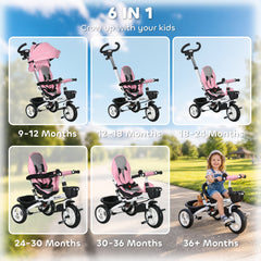 6 in 1 Toddler Tricycle with Parent Push Handle, Canopy, Storage Baskets, Cupholder, Dark Blue
