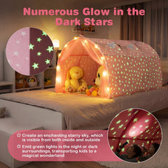 Kids Dream Bed Tent Twin Bunk Bed with Glow in the Dark Stars and Lights-Pink