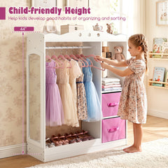 Kids Dress Up Storage with Full Length Mirror and Open Shelves- White