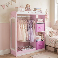 Kids Dress Up Storage with Full Length Mirror and Open Shelves-Pink
