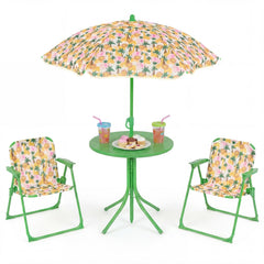Kids Outdoor Table and Chair Set with 2 Folding Chairs and Height Adjustable Umbrella-Beige