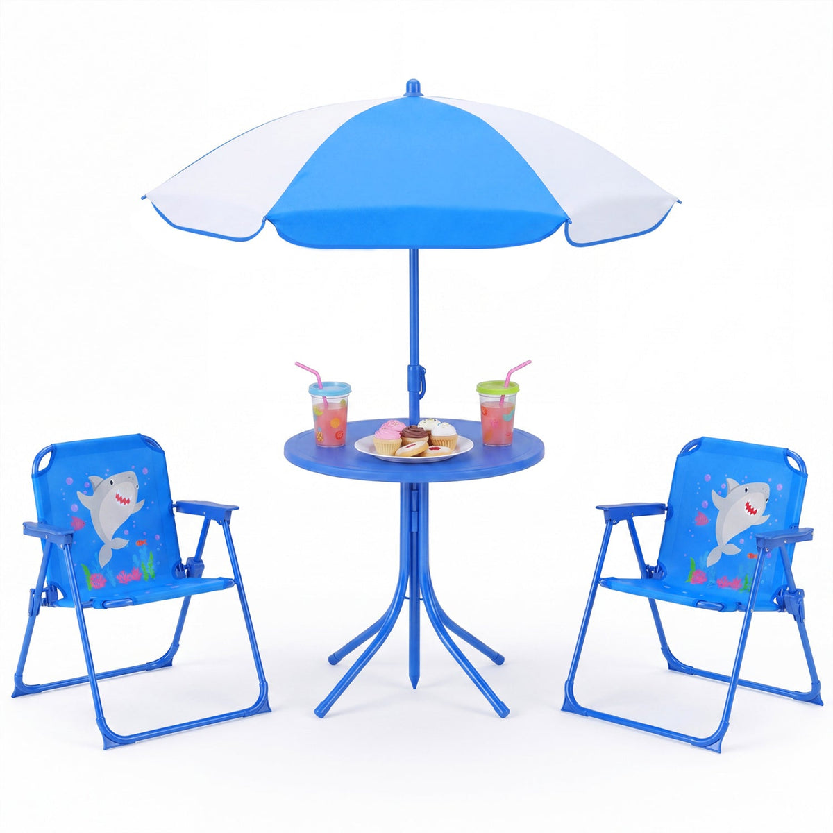 Kids Outdoor Table and Chair Set with 2 Folding Chairs and Height Adjustable Umbrella-Navy