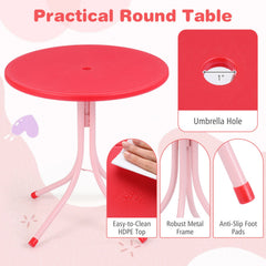 Kids Outdoor Table and Chair Set with 2 Folding Chairs and Height Adjustable Umbrella-Pink and White
